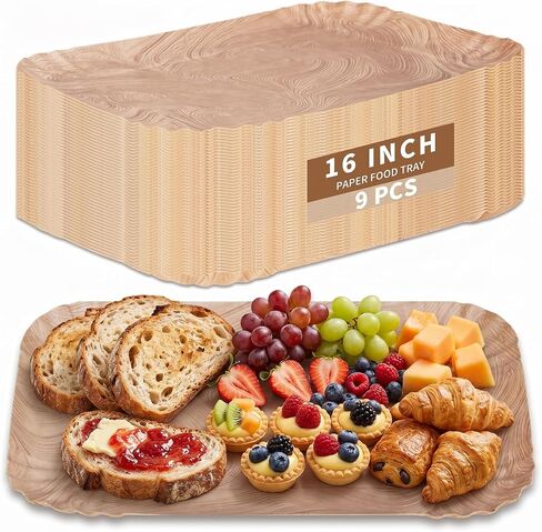 18 Pack Disposable Serving Trays, 11.5 x 8 Inch Heavy Duty Paper Food Trays, Wood Grain Rectangle Serving Platters for Crawfish Dessert Cookie Fruit Birthday Wedding Party Supplies (Brown) in Kuwait