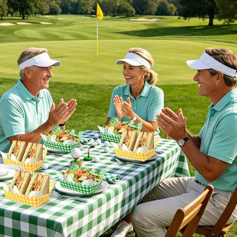 Whaline 150 pcs Gingham Party Supplies Yellow Green Disposable Food Serving Trays with Wax Paper Sheets Checkered Scalloped Paper Snack Boats Golf Themed Food Holders for Let's Par-tee Party Supplies in Kuwait