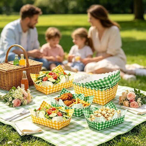 Whaline 150 pcs Gingham Party Supplies Yellow Green Disposable Food Serving Trays with Wax Paper Sheets Checkered Scalloped Paper Snack Boats Golf Themed Food Holders for Let's Par-tee Party Supplies in Kuwait