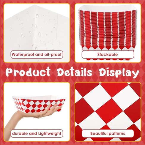 Blcculi 100 Pack Gingham Paper Food Trays,Disposable Paper Food Boat,Gingham Party Supplies,Snack Serving Trays for Nacho,French Fries,Popcorn,Hot Dog (Red + White) in Kuwait