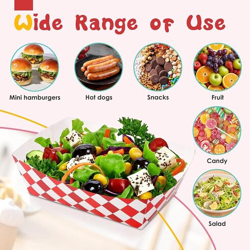 Blcculi 100 Pack Gingham Paper Food Trays,Disposable Paper Food Boat,Gingham Party Supplies,Snack Serving Trays for Nacho,French Fries,Popcorn,Hot Dog (Red + White) in Kuwait