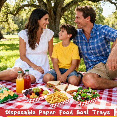 Blcculi 100 Pack Gingham Paper Food Trays,Disposable Paper Food Boat,Gingham Party Supplies,Snack Serving Trays for Nacho,French Fries,Popcorn,Hot Dog (Red + White) in Kuwait
