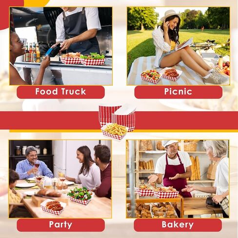 Blcculi 100 Pack Gingham Paper Food Trays,Disposable Paper Food Boat,Gingham Party Supplies,Snack Serving Trays for Nacho,French Fries,Popcorn,Hot Dog (Red + White) in Kuwait