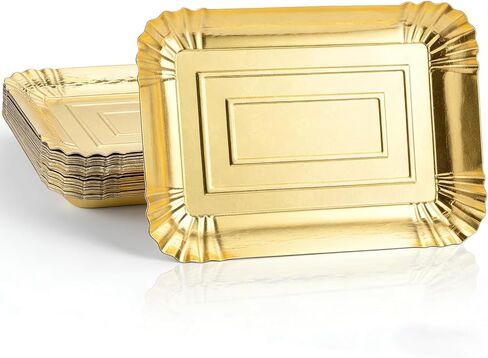 10 PCS Disposable Paper Tray, Heavy Duty Paper Plates, Rectangle Cardboard Serving Trays, Gold Food Trays for Birthday Party, Wedding, Daily Use (10, Gold) in Kuwait
