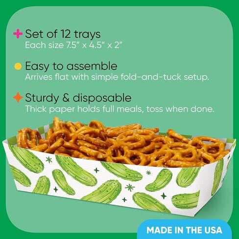 Pickle Paper Food Trays, Disposable Food Boats for Kind of a Big Dill Birthday Party, Funny Themed Double-Sided Meal Holders for Nachos, Hot Dogs, Pickle Flavored Snacks - 12 Ct in Kuwait