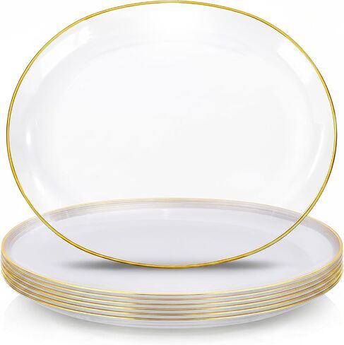 WDF 6PACK Black Oval Plastic Plates - 10"x12" Black and Gold Disposable Platters - Heavy Duty Serving Trays for Party/Birthdays/Catering/Weddings/BBQ in Kuwait