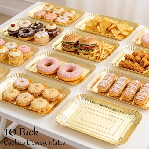 10 PCS Disposable Paper Tray, Heavy Duty Paper Plates, Rectangle Cardboard Serving Trays, Gold Food Trays for Birthday Party, Wedding, Daily Use (10, Gold) in Kuwait