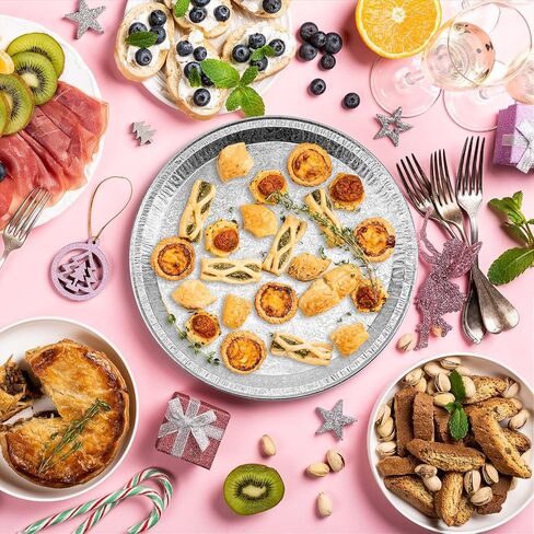25 Pack Serving Platters, 12" Disposable Aluminium Foil Serving Trays for Party & Buffet, Silver Embossed Foil Serving Dishes/Plates for Vegetable, Fruit, Cake, Cookies in Kuwait