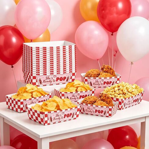 50 Pcs She's Ready to Pop Baby Shower Supplies Decorations She's Ready to Pop Food Tray Paper Plates Disposable Retro Theme Gender Reveal Party Decorations in Kuwait