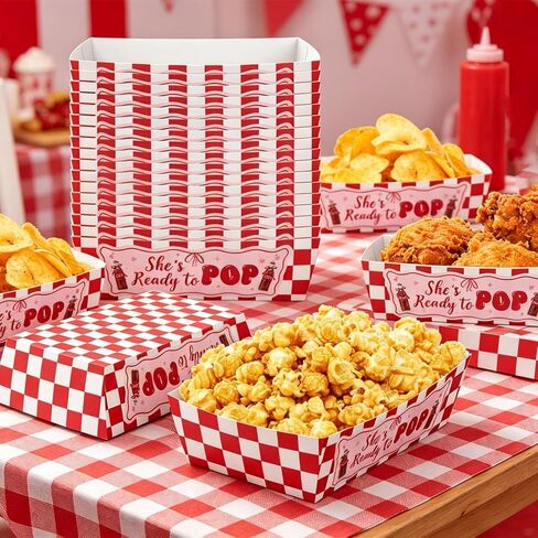 50 Pcs She's Ready to Pop Baby Shower Supplies Decorations She's Ready to Pop Food Tray Paper Plates Disposable Retro Theme Gender Reveal Party Decorations in Kuwait