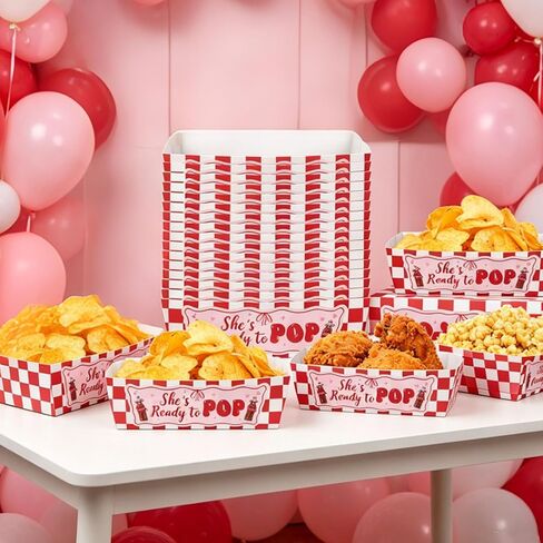 50 Pcs She's Ready to Pop Baby Shower Supplies Decorations She's Ready to Pop Food Tray Paper Plates Disposable Retro Theme Gender Reveal Party Decorations in Kuwait