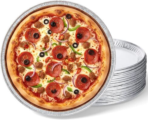 25 Pcs 12" Disposable Pizza Pans & Serving Tray Heavy Duty Aluminum Foil Baking Pans Round Foil Pizza Pan Oven & Freezer Safe for Parties Kitchen Restaurant Home Holiday Catering Cookies Cake in Kuwait