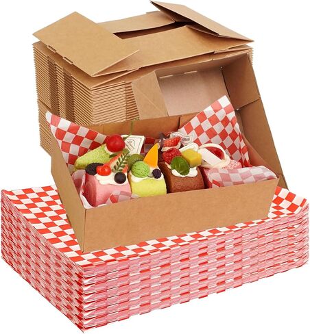 220 Pcs Paper Food Tray with Checkered Wrapping Paper Brown Greaseproof 4 Corner Pop up Paperboard Food Box Disposable Foldable Cardboard Trays for Theater Stadium in Kuwait