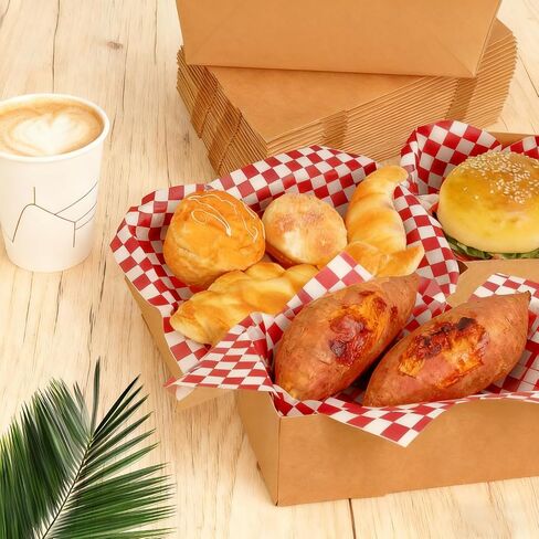 220 Pcs Paper Food Tray with Checkered Wrapping Paper Brown Greaseproof 4 Corner Pop up Paperboard Food Box Disposable Foldable Cardboard Trays for Theater Stadium in Kuwait
