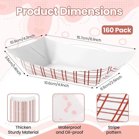 160 Pack Paper Food Trays, Disposable Paper Food Tray, Red & White Checkered Trays, Recyclable Serving Boats, Paper Food Boats for Concession Stand and Party Snacks, Nachos & Condiments in Kuwait