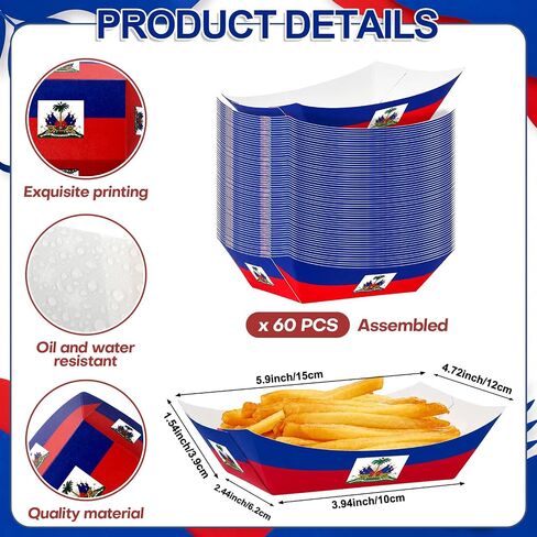 60 Pack Haitian Flag Paper Food Trays Disposable Paper Food Boats Serving Basket Tray Holder for Taco Snack Dessert Nacho French Fries Popcorn BBQ Haiti Theme Patriotic Party Decoration Sports Events in Kuwait