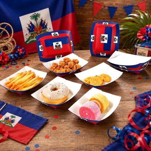 60 Pack Haitian Flag Paper Food Trays Disposable Paper Food Boats Serving Basket Tray Holder for Taco Snack Dessert Nacho French Fries Popcorn BBQ Haiti Theme Patriotic Party Decoration Sports Events in Kuwait