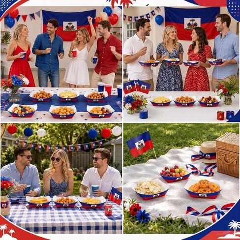 60 Pack Haitian Flag Paper Food Trays Disposable Paper Food Boats Serving Basket Tray Holder for Taco Snack Dessert Nacho French Fries Popcorn BBQ Haiti Theme Patriotic Party Decoration Sports Events in Kuwait