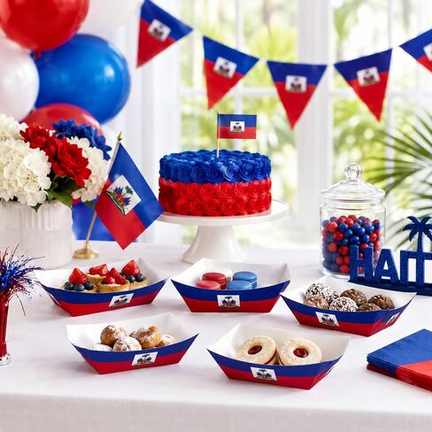 60 Pack Haitian Flag Paper Food Trays Disposable Paper Food Boats Serving Basket Tray Holder for Taco Snack Dessert Nacho French Fries Popcorn BBQ Haiti Theme Patriotic Party Decoration Sports Events in Kuwait