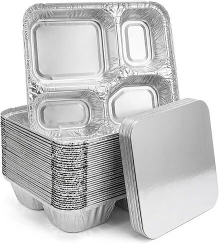 Jijukor 20 Pack 9.6 x 8.5 Inch 4-Compartment Disposable Aluminum Foil Trays with Lids, Oven Safe Food Containers for Takeout, Catering, and Meal Prep in Kuwait