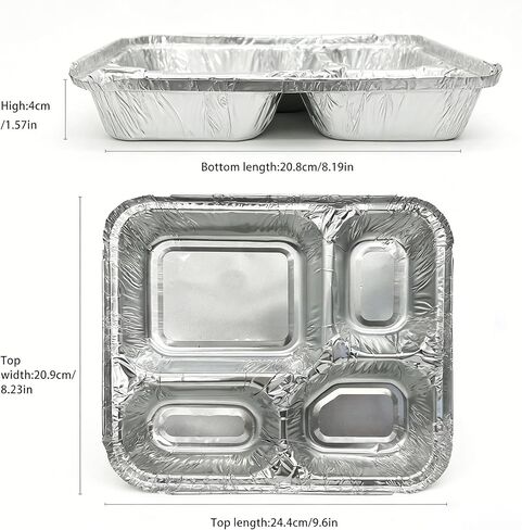 Jijukor 20 Pack 9.6 x 8.5 Inch 4-Compartment Disposable Aluminum Foil Trays with Lids, Oven Safe Food Containers for Takeout, Catering, and Meal Prep in Kuwait