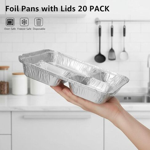 Jijukor 20 Pack 9.6 x 8.5 Inch 4-Compartment Disposable Aluminum Foil Trays with Lids, Oven Safe Food Containers for Takeout, Catering, and Meal Prep in Kuwait