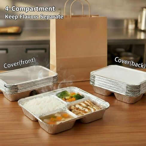 Jijukor 20 Pack 9.6 x 8.5 Inch 4-Compartment Disposable Aluminum Foil Trays with Lids, Oven Safe Food Containers for Takeout, Catering, and Meal Prep in Kuwait