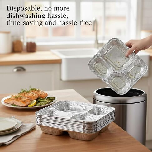 Jijukor 20 Pack 9.6 x 8.5 Inch 4-Compartment Disposable Aluminum Foil Trays with Lids, Oven Safe Food Containers for Takeout, Catering, and Meal Prep in Kuwait