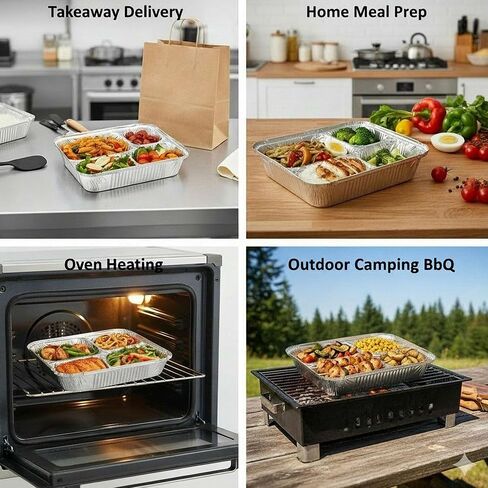 Jijukor 20 Pack 9.6 x 8.5 Inch 4-Compartment Disposable Aluminum Foil Trays with Lids, Oven Safe Food Containers for Takeout, Catering, and Meal Prep in Kuwait