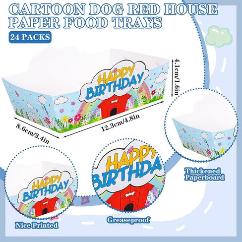 FYSUIMU 24 Pcs Cartoon Dog Red House Party Supplies Happy Birthday Paper Food Trays Anime Puppy Disposable Serving Tray Food Boats for Birthday Party Decorations Supplies in Kuwait