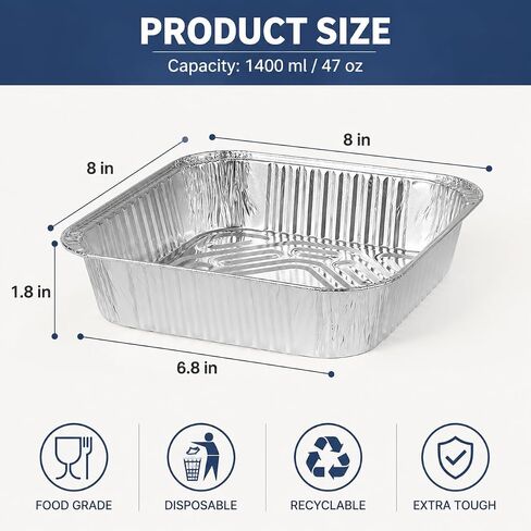 50-Pack 8-Inch Aluminum Foil Pans, Disposable Deep Baking Trays for Roasting, Meal Prep, Food Storage and Party Serving in Kuwait