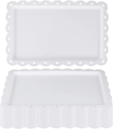 16 Pack White Plastic Serving Tray 14.4" x 9.3", Heavy Duty Disposable & Reusable Rectangle Platters for Parties, Wedding, Restaurant, Cookies, Desserts & Appetizers in Kuwait