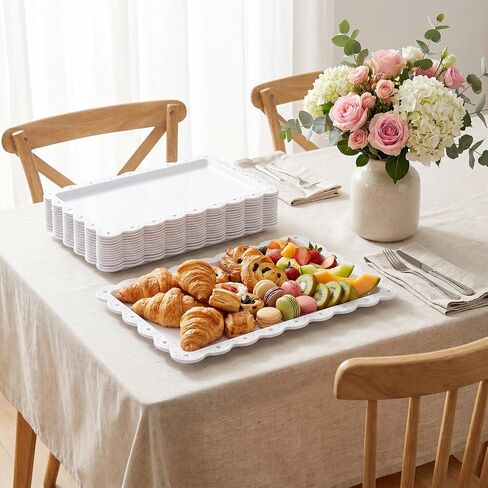 16 Pack White Plastic Serving Tray 14.4" x 9.3", Heavy Duty Disposable & Reusable Rectangle Platters for Parties, Wedding, Restaurant, Cookies, Desserts & Appetizers in Kuwait