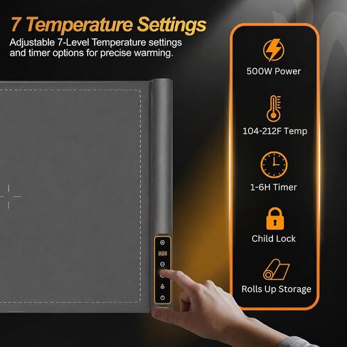 Warming Mat for Food Extra Large 36x16 Inch 500W, Food Warming Mat for Countertop, Includes Insulated Mat, Roll-Up Silicone, 1-6H Timer, Child Lock in Kuwait