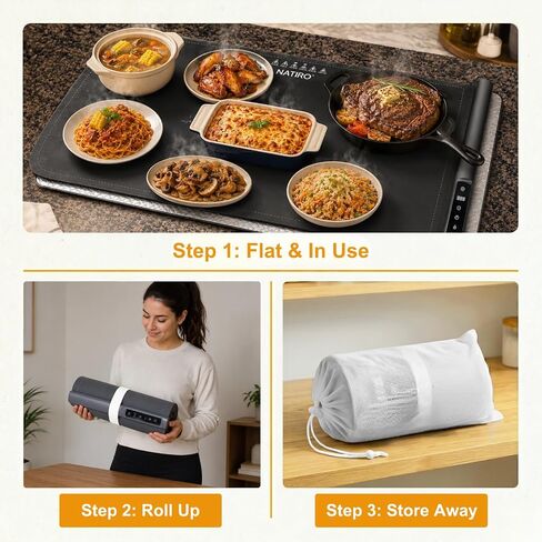 Warming Mat for Food Extra Large 36x16 Inch 500W, Food Warming Mat for Countertop, Includes Insulated Mat, Roll-Up Silicone, 1-6H Timer, Child Lock in Kuwait