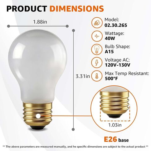 40W 120V / 130V استبدال لمبة الإضاءة الحرارية لتدفئة الطعام Hatco 02.30.265، مصابيح إضاءة مقاومة للكسر متوافقة مع Hatco 02.30.265، 02.30.265.00، 02.30.265.12 (8 عبوات) in Kuwait