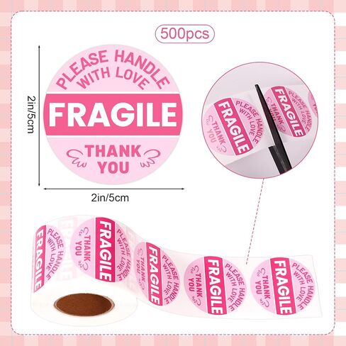 500pcs Fragile Stickers for Shipping, 2 Inch Round Handle with Love Thank You Labels Cute Pink Fragile Stickers for Packing Boxes Moving Glassware & Breakable Items in Kuwait
