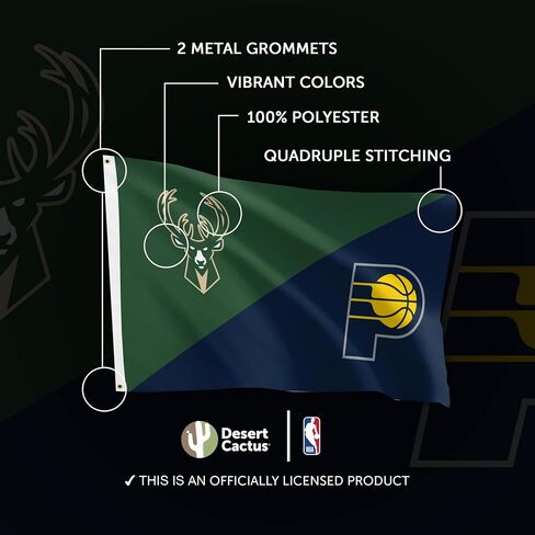 صبار الصحراء ميلووكي باكس × علم إنديانا بيسرز - لافتة NBA مقاس 3 × 5 أقدام، قماش متين للاستخدام الداخلي/الخارجي، تصميم بوليستر 100% (منافسون المنزل) in Kuwait