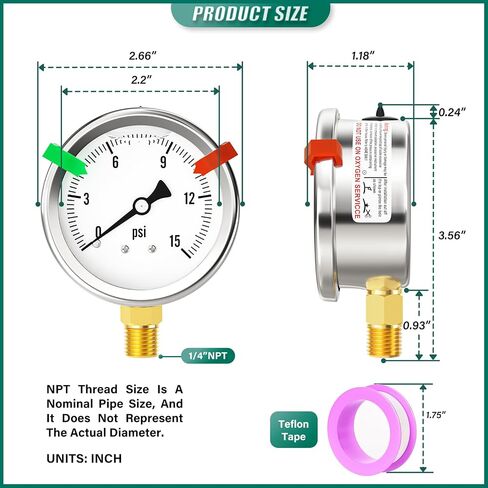 -30inHG-0PSI Stainless Steel Glycerin Liquid Filled Vacuum Pressure Gauge 1/4" NPT 2.5" Face Dial, Back Mount, for Water, Oil and Air Pressure Testing (with Range Mark Pointer) in Kuwait