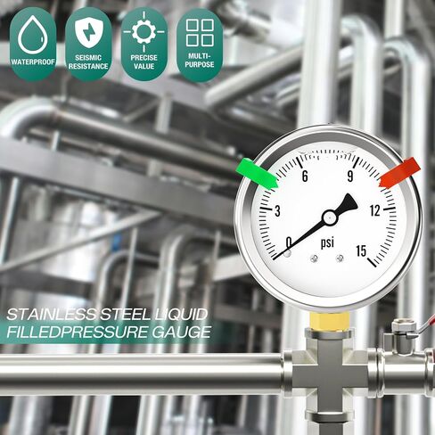-30inHG-0PSI Stainless Steel Glycerin Liquid Filled Vacuum Pressure Gauge 1/4" NPT 2.5" Face Dial, Back Mount, for Water, Oil and Air Pressure Testing (with Range Mark Pointer) in Kuwait
