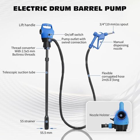 Electric Drum Pump, 55 Gallon AC/DC Drum Transfer Pump with Adjustable Suction Tube, Portable Electric Barrel Transfer System for Oil, Diesel, DEF, Water, Automotive & Industrial Use in Kuwait