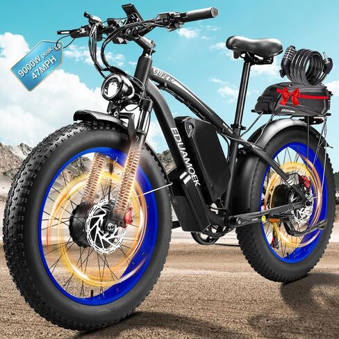 9000W-Peak-Dual-Motor-Ebike، 58V Max-output 34Ah دراجة كهربائية للبالغين، نطاق يصل إلى 105 ميل 47 ميلاً في الساعة سرعة قصوى Ebike سريعة، تعليق الصدمات الأمامية 24 بوصة * 4.0 بوصة دراجة جبلية سميكة للثلج الرملي على الطرق الوعرة in Kuwait