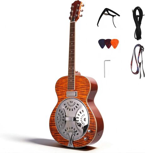 Acoustic Electric Resonator Guitar, Beginner Guitar Kit, Country Bluegrass Folk Blues, Spruce Top, Includes Cable, Strap, Capo, Full Size 40 Inch Right Handed Guitar (Amber Orange) in Kuwait