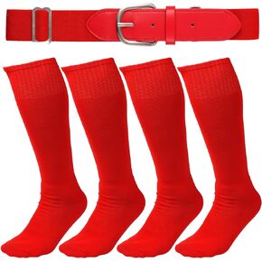 2 Pairs Baseball Socks and Belt Combo, Red Softball Football Soccer Adjustable Sport Knee High Sock for Unisex Youth