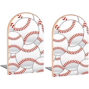 Seamlesss 3D Baseball Stitches Book Ends Decorative Wood Bookends for Shelves Kids Room Desk Home Office Book Stoppers for Magazines,Books, DVDs, 1 Pair/2 Pieces(5x3.1 in)