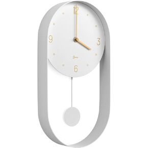 Driini Decorative Wall Clock with Pendulum (White) – Modern Wood, 3D Black Numbers, Metal Frame – Small, Unique Wall Clocks for Living Room Decor or Bathroom - Battery Operated, Silent, Non-Ticking