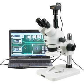 AmScope SM-1TSZZ-144S-M Digital Professional Trinocular Stereo Zoom Microscope, WH10x and WH20x Eyepieces, 3.5X-180X Magnification, 0.7X-4.5X Zoom Objective, 144-Bulb LED Ring Light, Pillar Stand, 110V-240V, Includes 0.5X and 2.0X Barlow Lenses and 1.3MP 