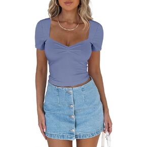 REORIA Women's Cute Ruched Sweetheart Neck Short Sleeve Going Out Y2K Trendy T Shirts Crop Tops Tees