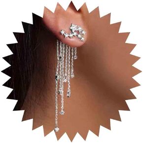 Boho Crystal Chain Tassel Earrings Gold Shooting Star Ear Jacket Earrings Rhinestone Star Climber Crawler Earrings Luxury Cz Long Chain Earrings Jewelry for Women and Girls
