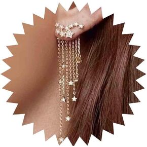 Boho Crystal Chain Tassel Earrings Gold Shooting Star Ear Jacket Earrings Rhinestone Star Climber Crawler Earrings Luxury Cz Long Chain Earrings Jewelry for Women and Girls